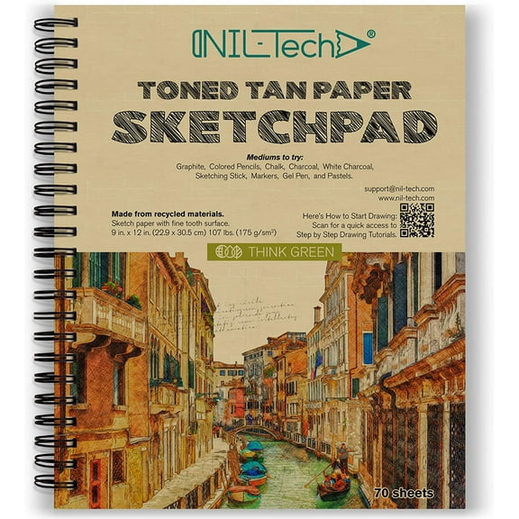 NIL - Tech70 Sheets Premium Toned Tan Sketchbook - 9x12 inches (107 lb/175 GSM) Spiral Bound Drawing Paper Pad for Markers, Colored Pencils, Chalk, Oil Pastels, Charcoal Pencils and Graphite