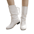 thumbnail image 2 of Domuza Women Slouchy Mid Calf Boots with Back Lace Up Bow, Smooth Faux Leather Low Block Heel Casual Dress Boots for Autumn Winter Daily Dating Party White 7.5（EU-39）, 2 of 4