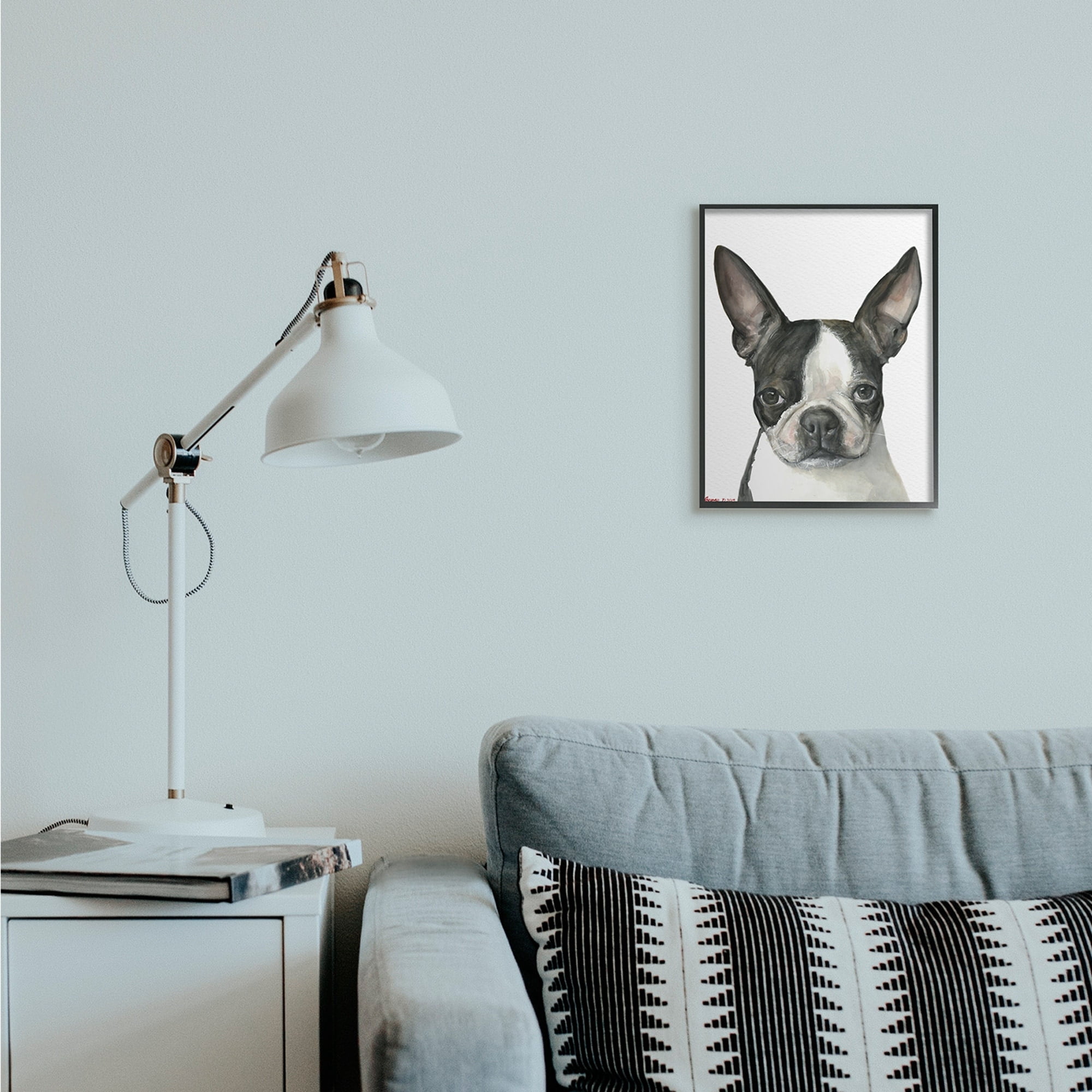 Stupell Industries Minimal Boston Terrier Portrait Pet Dog Black White Grey Framed, 16 x 20, Design by George Dyachenko