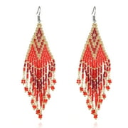 MESIAC Beaded Tassel Earrings Boho Style - Handmade beaded tassel pendant earrings - red