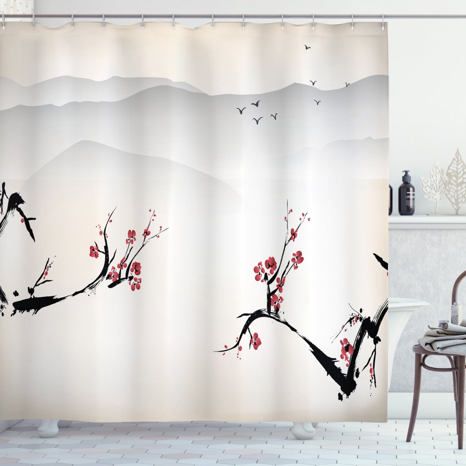 Japanese Painting Tower Bathroom Shower Curtain Set Fabric & 12 Hooks 71 Inch 