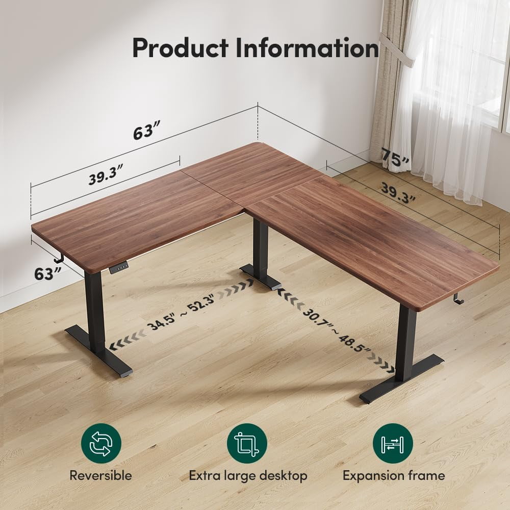 DESINO Standing Desk, 75” Adjustable L Shaped Standing Desk, Electric Height Adjustable Computer Desk, Black Walnat