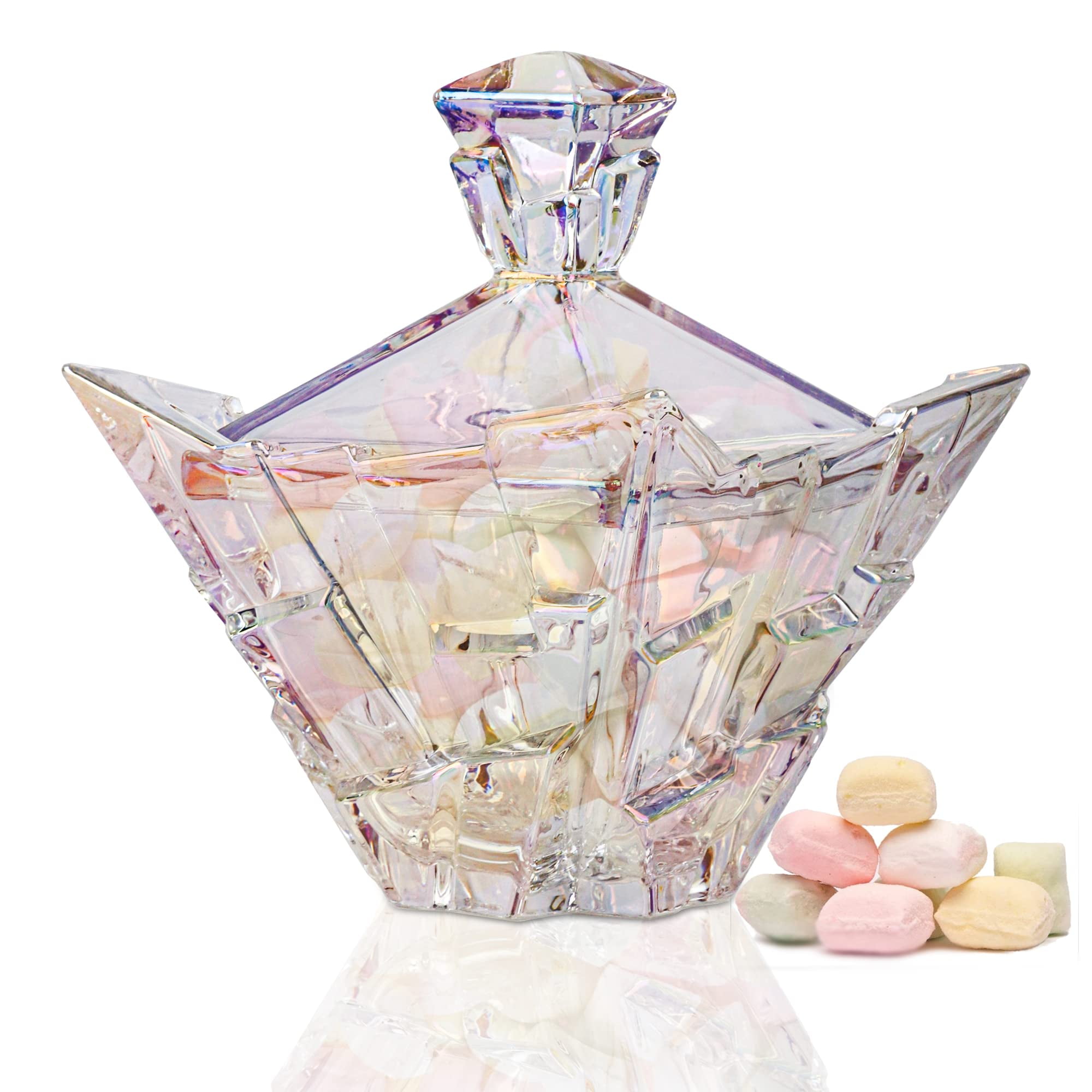 M&N Home Pearl Colored Crystal Glass Large Candy Dish with Lid 