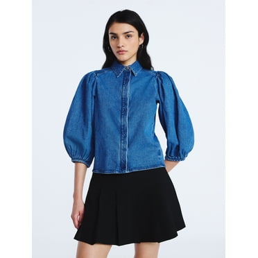 Scoop Women’s Denim Shirt with 3/4 Length Puff Sleeves, Sizes XS-XXL