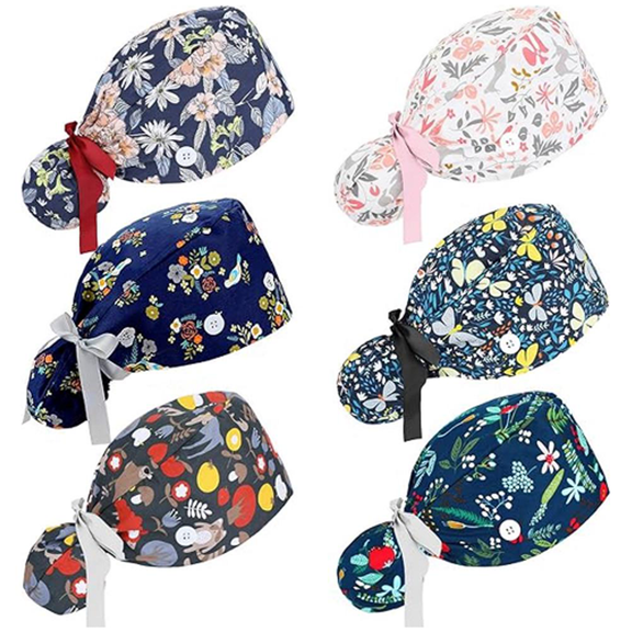 6Pcs Scrub Caps Women Bouffant Scrub Hats Caps Nurses, Adjustable Working Cap Ponytail Pouch Tie Back Hats