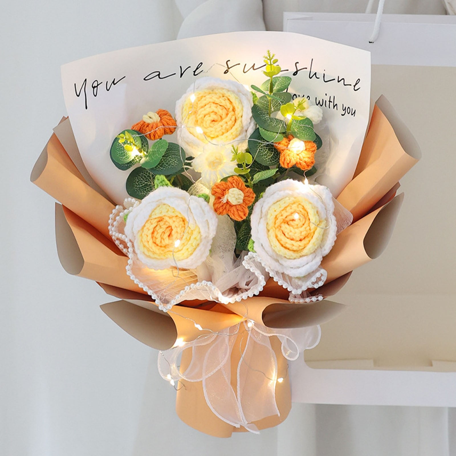 Crochet Yellow Flowers Bouquet Gift for Women, 1pc Handmade Crochet Rose Sunflower Flower, Graduation Bouquet, Artificial Knitted Bouquet with LED Light for Graduation Wedding Gift and Home Decoration