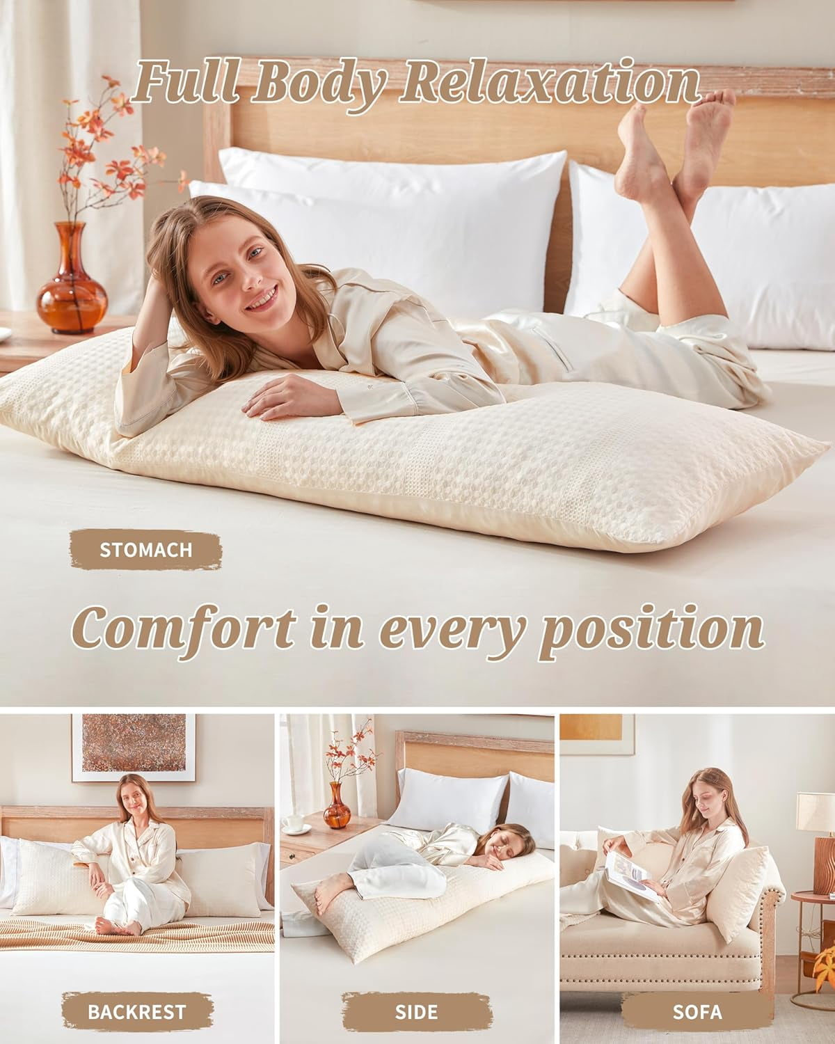 Nalqet Waffle Weave Body Pillow Decorative Lumbar Pillow 20x54 inch – Soft Polyester Memory Foam Long Pillow for Side Sleepers, Washable, Beige