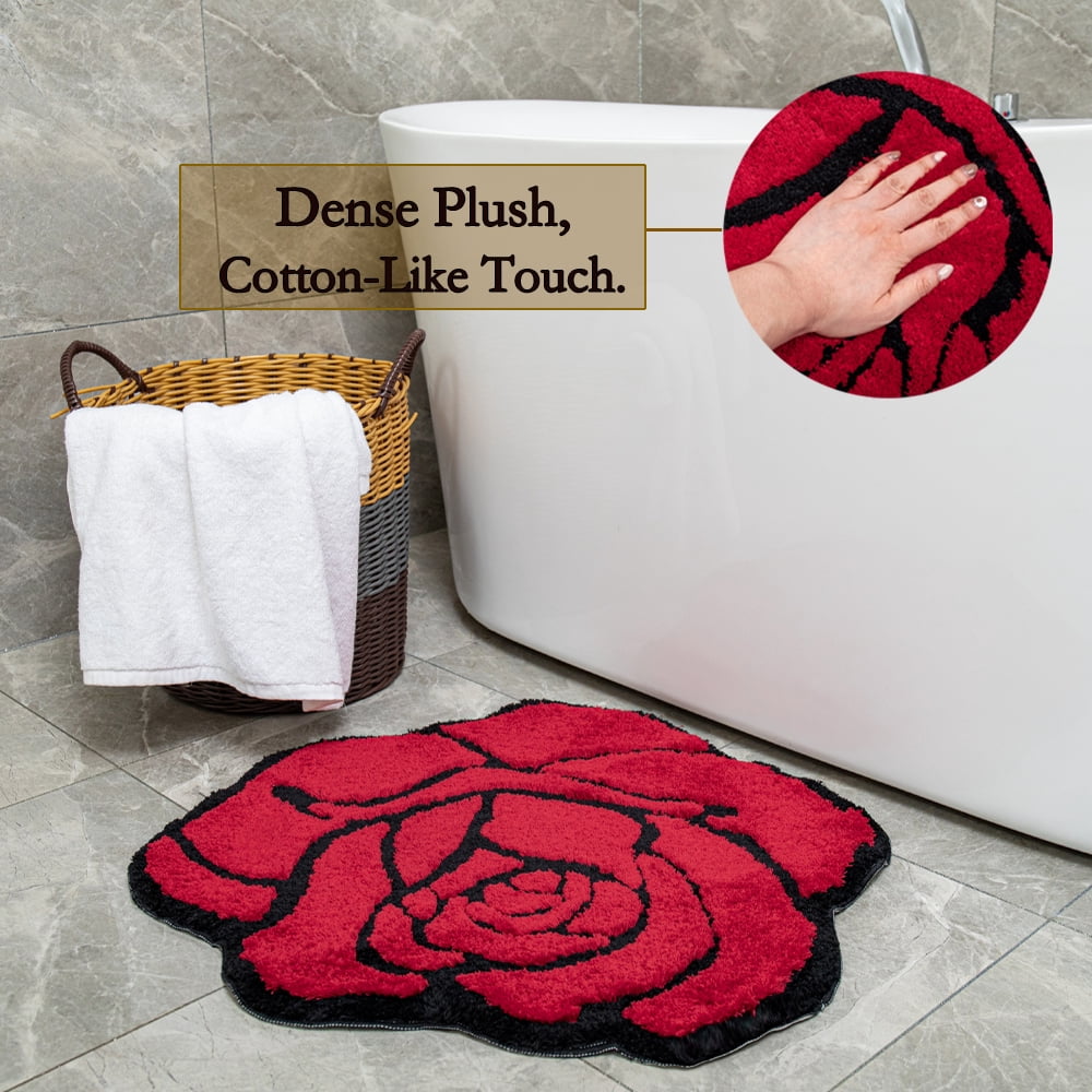 Red Rose Bath Mat for Bathroom Non Slip Flower Shaped Absorbent Bath Rug Fluffy Shower Rugs Washable Decor Floral Small Rug Doormats 23.6x25.5in