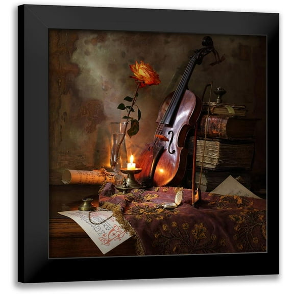 Morozov, Andrey 12x12 Black Modern Framed Museum Art Print Titled - Still Life With Violin And Rose