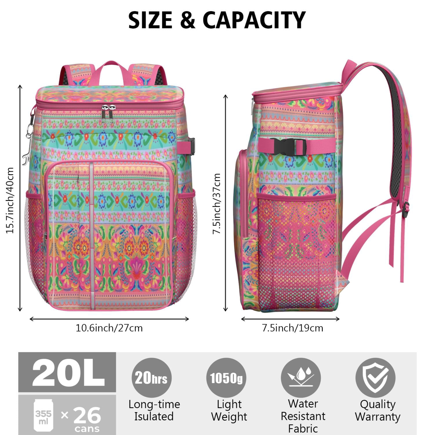 Travel Cooler Bag - Boho Bohemia Pioneer Flower Geometric Line Art Camping Beer Cooler Backpack with Bottle Opener- Waterproof Insulated Picnic Backpacks - Cooler Bag for Beach