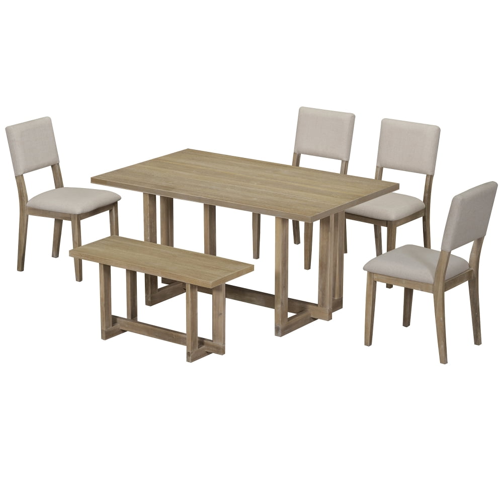 6Piece Dining Table Set with Bench, Wooden Kitchen Table Set with H