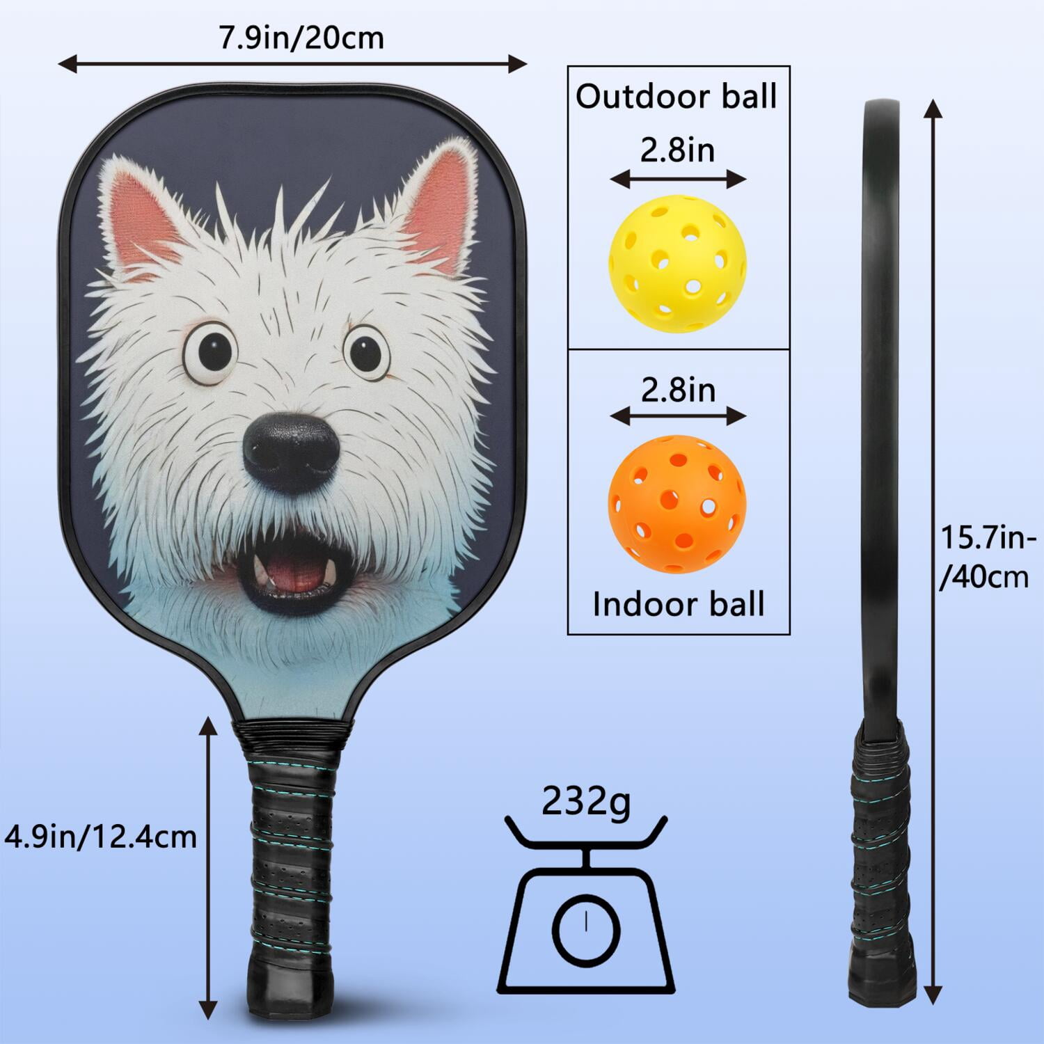 Pickleball Paddles Set Of 2, Fiberglass Surface, Astonished Dog Print, 4 Balls & Bag