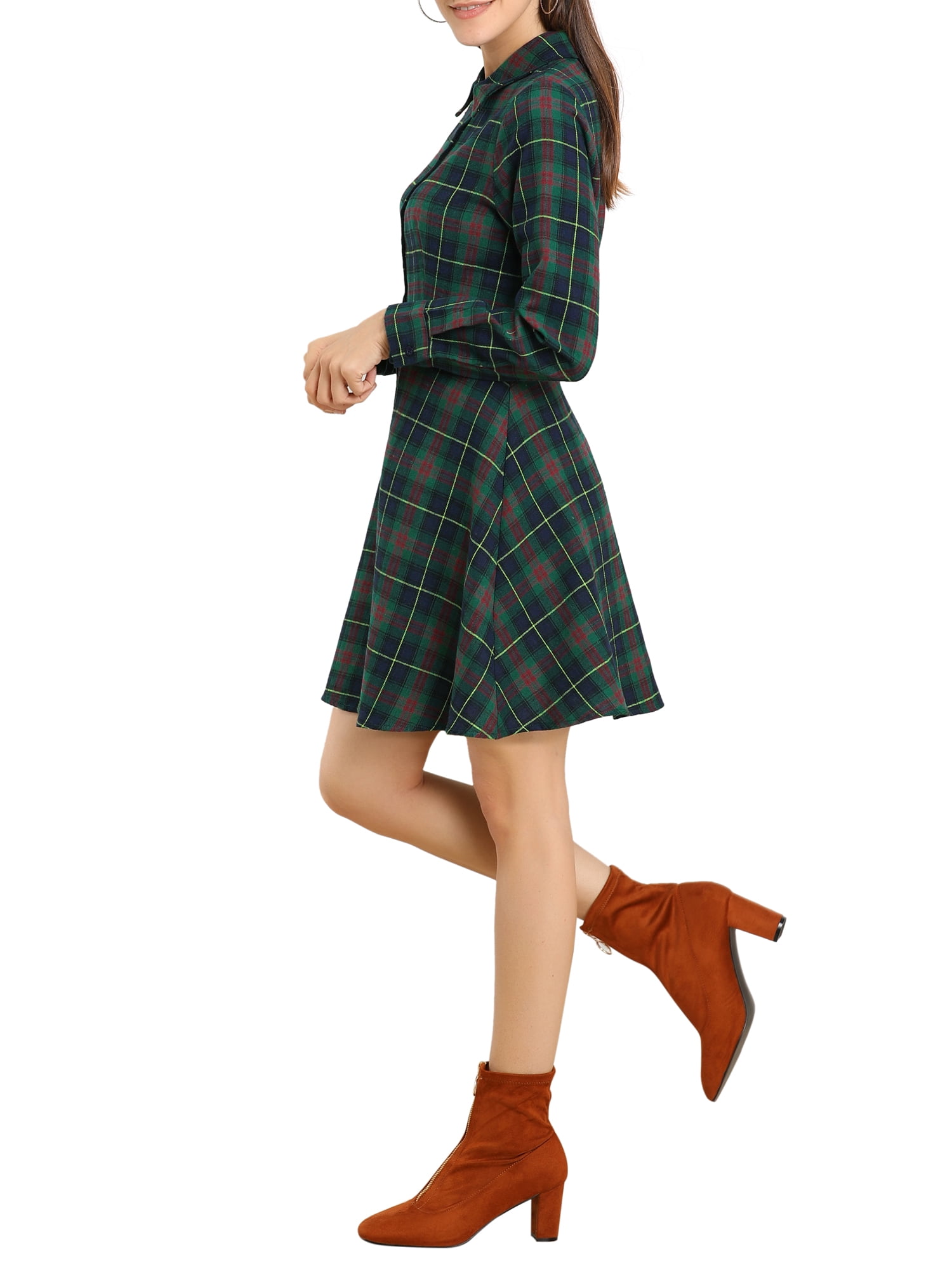 Unique Bargains Women's Plaid Point Collar Full Placket Long Sleeve Fit and Flare Dress
