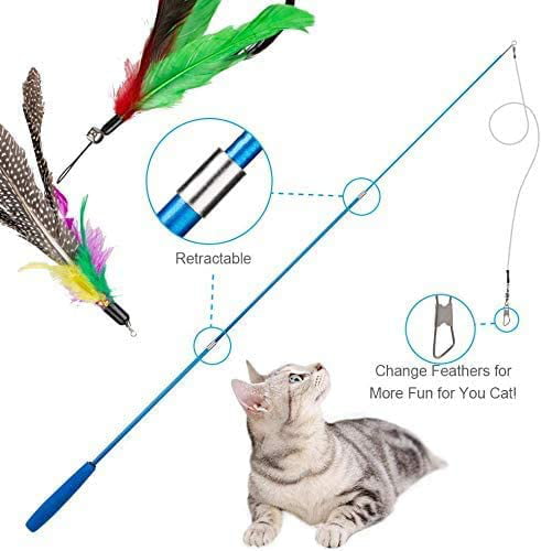 Interactive Catcher Teaser and Funny Exercise for Kitten or Cats 1 PCS Retractable Cat Wand Toys and 10PCS Replacement Teaser with Bell Refills DILISS Feather Teaser Cat Toy 