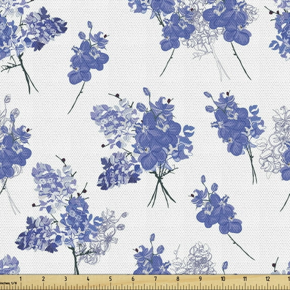 Floral Sofa Upholstery Fabric by the Yard, Monochromatic Romantic French Orchid Lilac Flower Bouquets Ornamental Pattern, Decorative Fabric for DIY and Home Accents, White Ceil Blue by Ambesonne