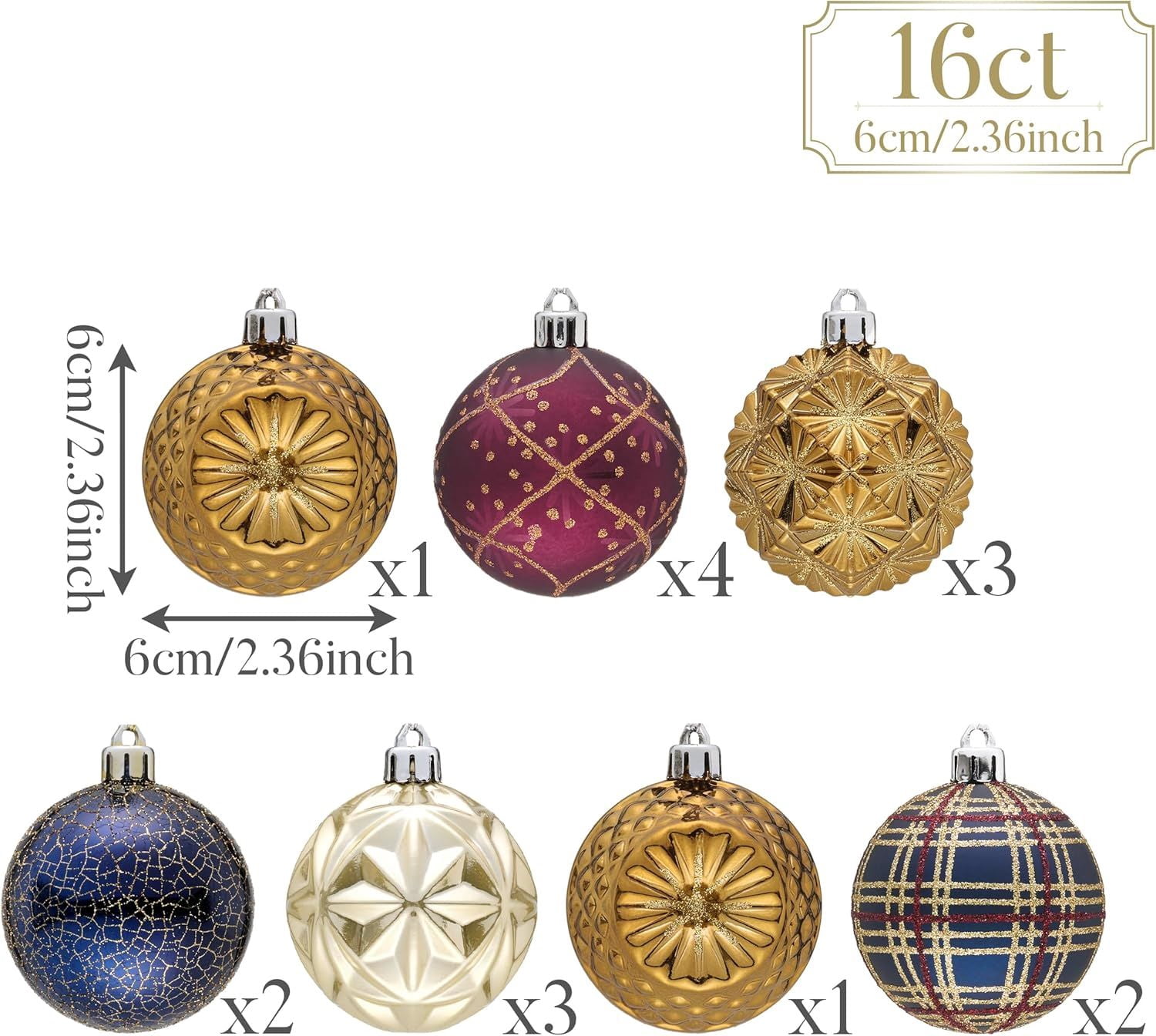 Ornaments for Christmas Trees, 16ct 2.36 Inches White and Silver Shatterproof Christmas Tree Decorations, Hanging Ball Ornaments for Xmas Holiday Party Decor