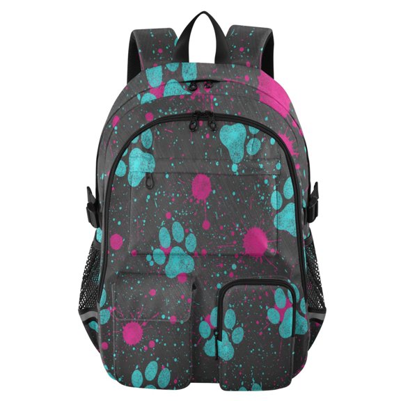 DIXRUYEE Teal Dog Paw Prints Black Backpack for School 14”Laptop Compatible with Reflective Safety Strips