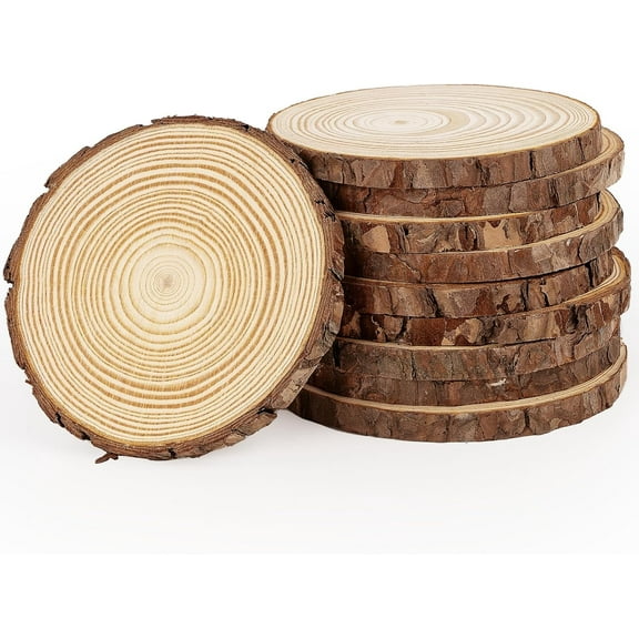 Wood Slices, 10 Pcs 3.5"-4" Natural Wood Rounds with Predrilled Hole, Wooden Circles with Bark, Unfinished Wood Kit for Paint DIY Ornaments Christmas Crafts Arts Wedding Decorations