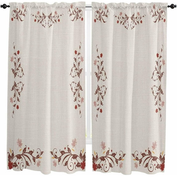Red Botanical Kitchen Curtains 84 Inch Length, Farmhouse Curtains & Drapes, Fall Maple Leaf Farmhouse Rod Pocket Window Curtains for Living Room/Bedroom/Bathroom,52x84, 2 Panels
