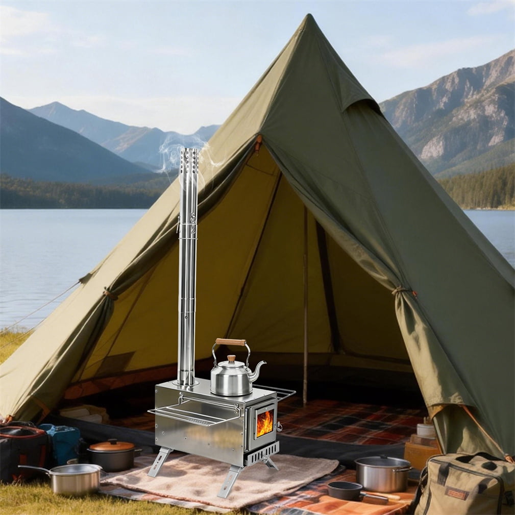 Unho Stainless Steel Wood Stove Wood Burning Stove with Elbow Pipe for Heating Camping Hiking Fishing Cooking
