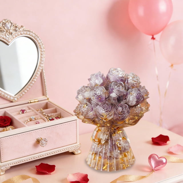 Ramo de cristal de resina hecho a mano | Rosa de mano de grava de cristal natural y resina epoxi | Regalo de San Valentín para ella, decoración de escritorio para el hogar y la oficina