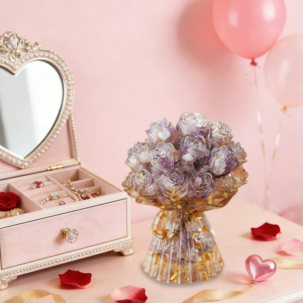 Ramo de cristal de resina hecho a mano | Rosa de mano de grava de cristal natural y resina epoxi | Regalo de San Valentín para ella, decoración de escritorio para el hogar y la oficina