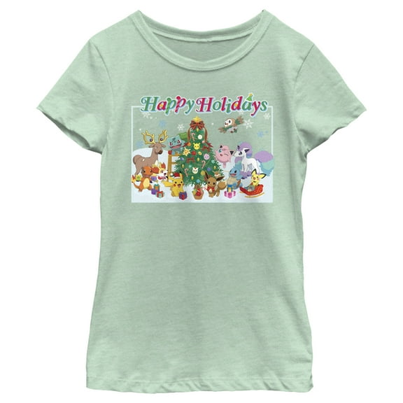 Girl's Pokemon Happy Holidays Crew  Graphic Tee Mint X Large