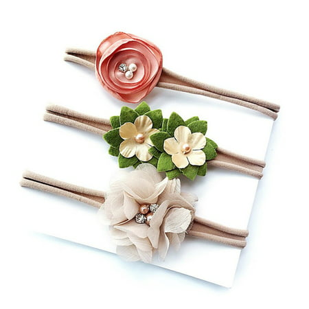 3Pcs/set Simulated-pearl Ribbon Lace Flower Headband Hairnets Baby Girl Headbands Elastic