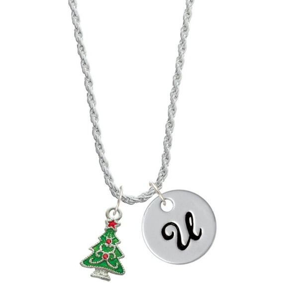 Delight Jewelry Silvertone Green Christmas Tree with Red Crystals Silvertone Script Initial Disc - U - Charm Necklace, 20"+3"
