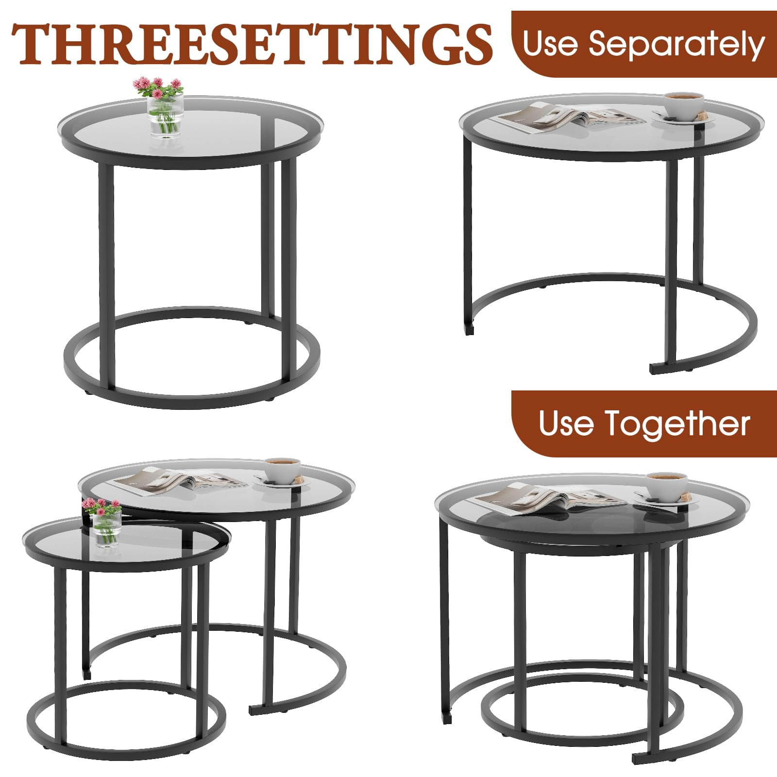 Nesting Coffee Table Grey Glass Table Set of 2, Small Round Glass Nesting Tables for Living Room Bedroom, Accent Tea Table with Metal Frame Modern Industrial Simple