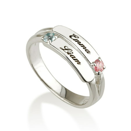 Mothers Ring Engraved Birthstone Ring 2 Stones Ring -925 Sterling Silver - Personalized & Custom