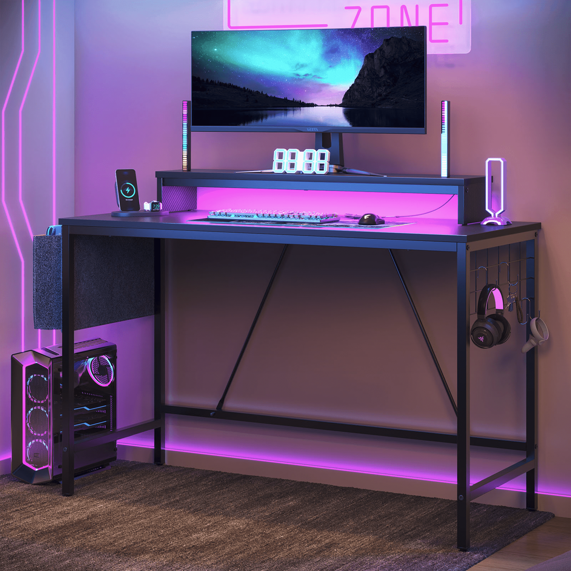 Bestier 41.7 inch Gaming Desk with LED Monitor Stand, Storage Pocket, Grid Side Frame, for Gaming Room and Home Office, Carbon Fiber Black