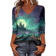 thumbnail image 2 of Halloween 3/4 Sleeve V Neck Shirt for Women Funny Halloween Graphic Tee Fall Winter Loose Fit Tops, 2 of 5