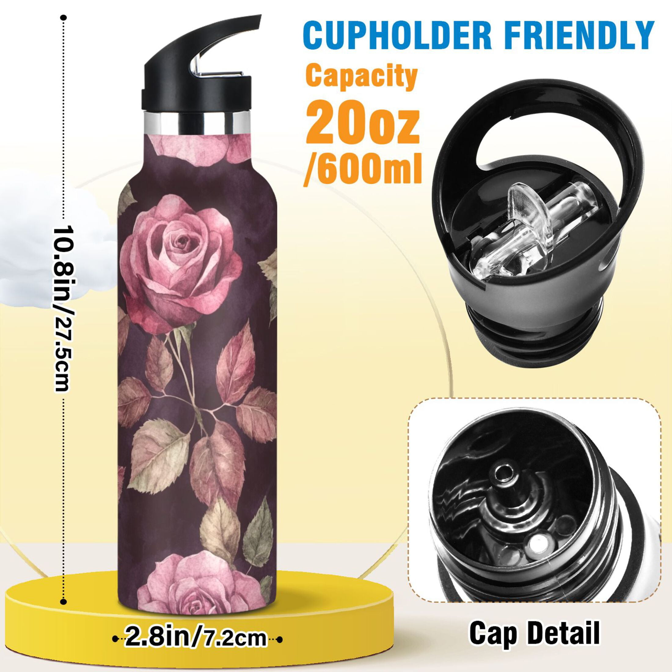 600ML Stainless Steel Insulated Cup Sports Water Bottle Portable Thermos Cup Water Glasses Insulated Tumblers Convenient and Durable Maroon Roses Seamless