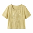 thumbnail image 6 of QUNYINEY Cotton Linen Casual Tops for Women Summer Short Sleeve Yellow T Shirts Crew Neck Embroidered Pullover Loose Fit Button Tops, 6 of 8
