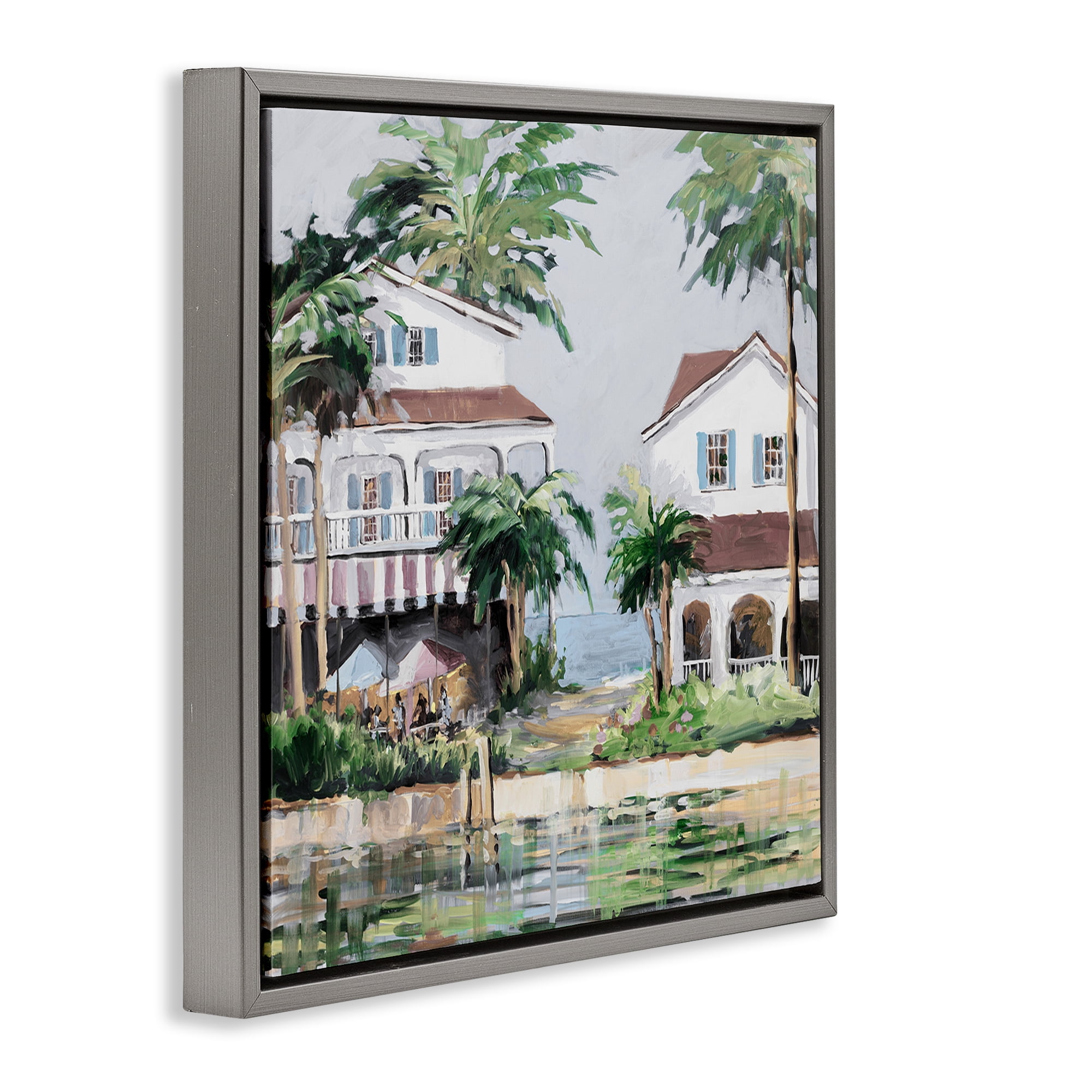 Stupell Industries Coastal Bay Cottages Coastal Painting Gray Floater Framed Canvas Art Print Wall Art, 18 x 18
