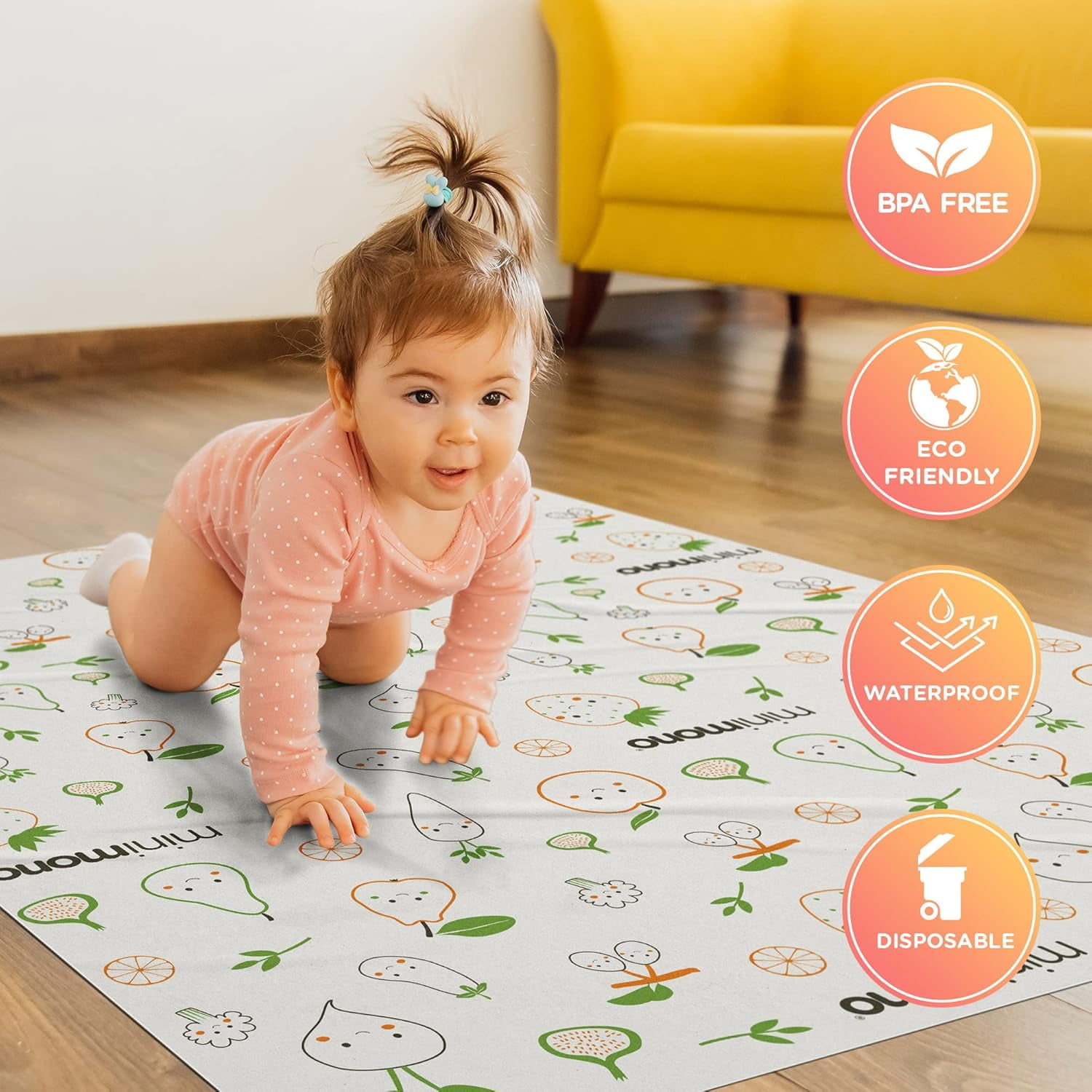 Minimono Disposable Splat Mat for Under High Chair - 30 Pack | 40"x47"| Waterproof Splash Mat for Floor | Baby Activity Mat for Indoor-Outdoor | Baby Lead Weaning Supplies | Catcher for Highchair