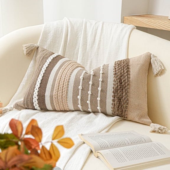 BlissBlush Brown Decorative Throw Pillow Cover 24x14 Square Boho Accent Pillowcase Tassels Farmhouse Cushion for Couch Sofa Bedroom Living room Home Décor Cover ONLY (Pack of 1)
