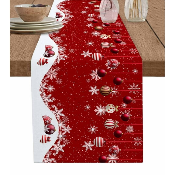 Ldtrchee Red Christmas Table Runner 72 Inches, Xmas Balls White Snowflake Bed Runner Dresser Scarves Tabletop for Indoor Outdoor Parties/Ceremony/Banquet, 16" x 72"