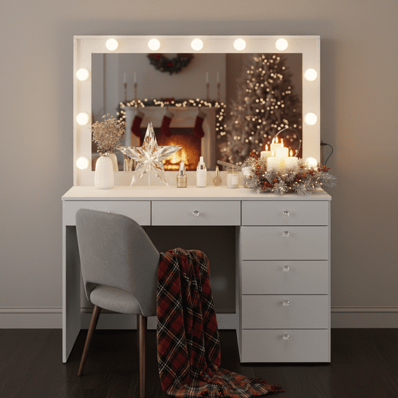 Ember Interiors Peggy Vanity Desk with Lighted Mirror and USB Ports