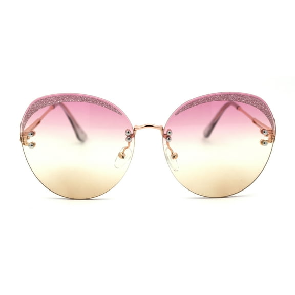Womens Glitter Eyebrow Round Rimless Fashion Sunglasses Gold Pink Yellow