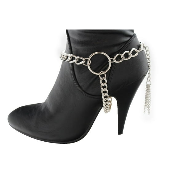 Women Silver Metal Chain Boot Bracelet Shoe Charm Fringes Ring