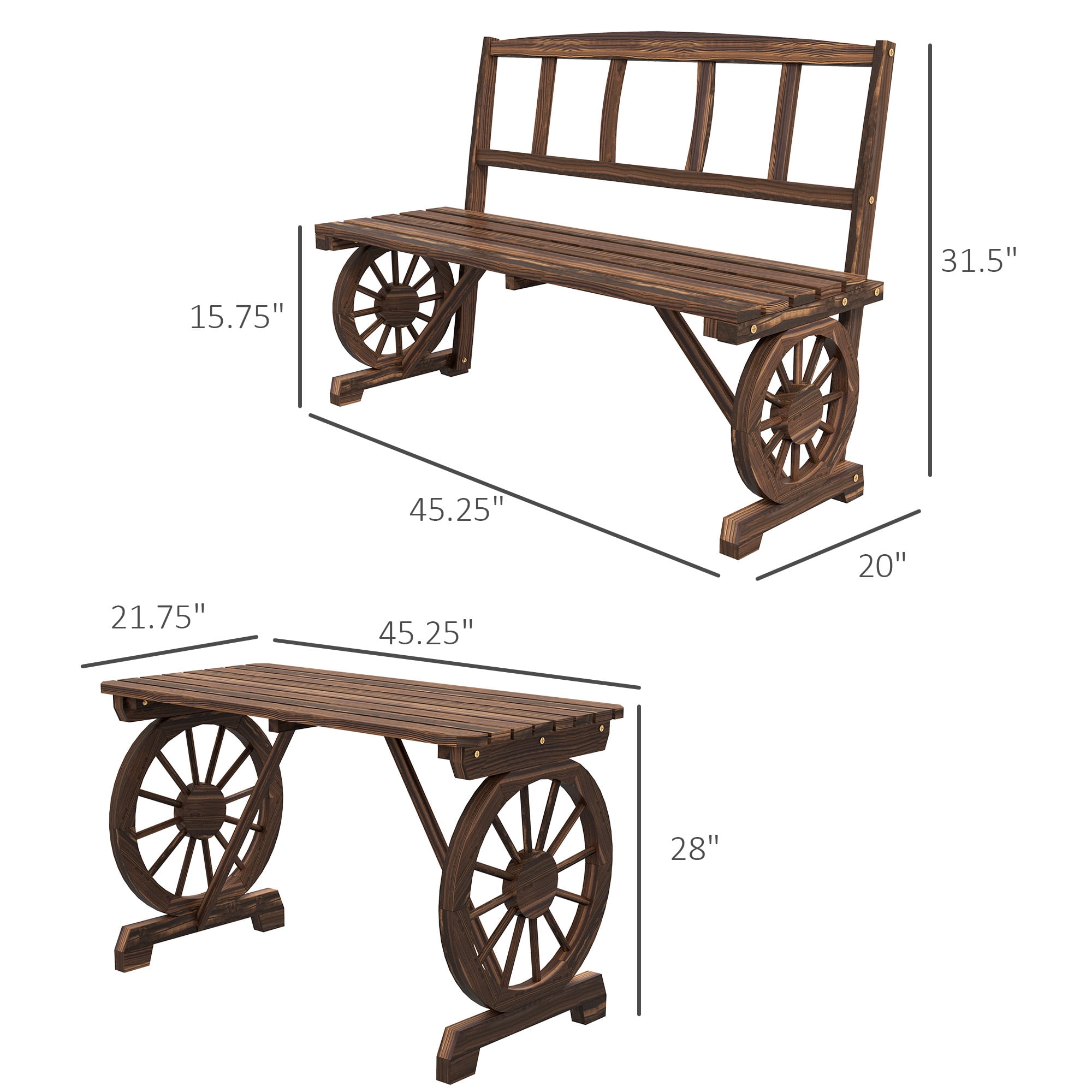 Outsunny Outdoor Table and Chairs for 4 People, Wooden Furniture Set w/ Wagon Wheel Design for Backyard Garden, Deck, Carbonized