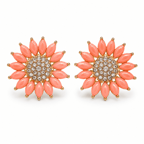 Sweet collection-Peach Floral Crystal Stud Earrings for Women | Elegant Flower Statement Earrings for Party, Wedding & Festive Fashion Jewelry