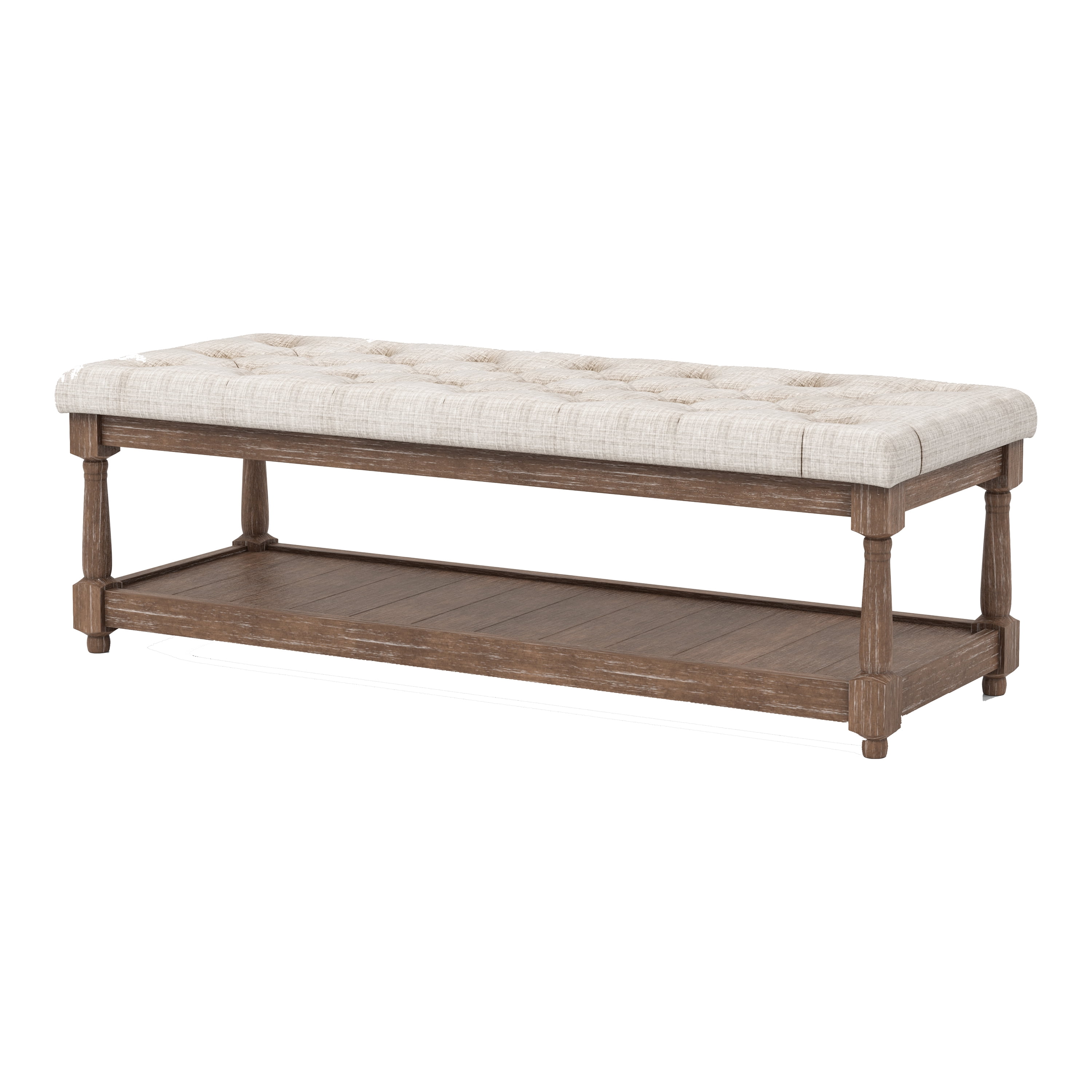 Furniture of America Nolling Wood and Tufted Beige Fabric Natural Tone Hallway Bench