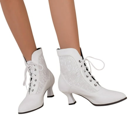 

Lovskoo 2024 Women s Middle Ankle Boots Pointed Toe Stiletto Fall/Winter Large Mid Heel Lace Lace Up Short Boots White