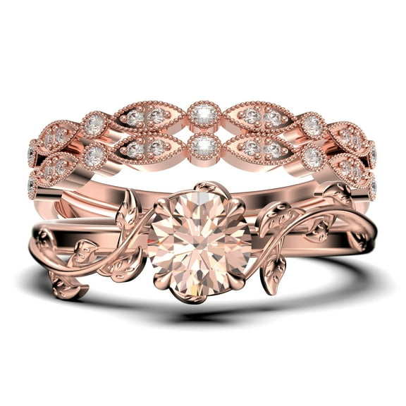Vine Leaf Ring, Boho & hippie 2.00 Carat Round Cut Morganite And Diamond Moissanite Engagement Ring, Wedding Ring in 10k Solid Rose Gold, Gift, Promise Ring For Her, Trio Set, Matching Band