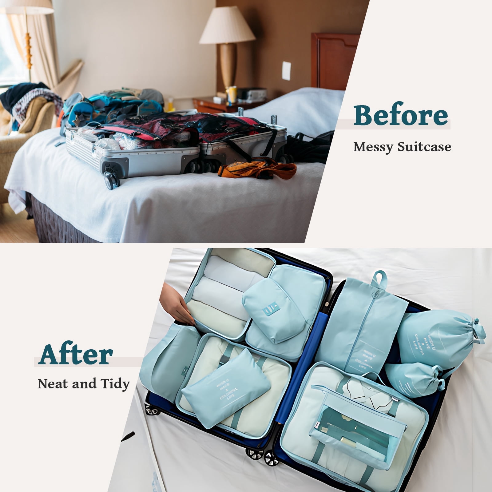9-Piece Light Blue Travel Packing Cubes Set - Large Capacity, Waterproof & Breathable for Organized Trips