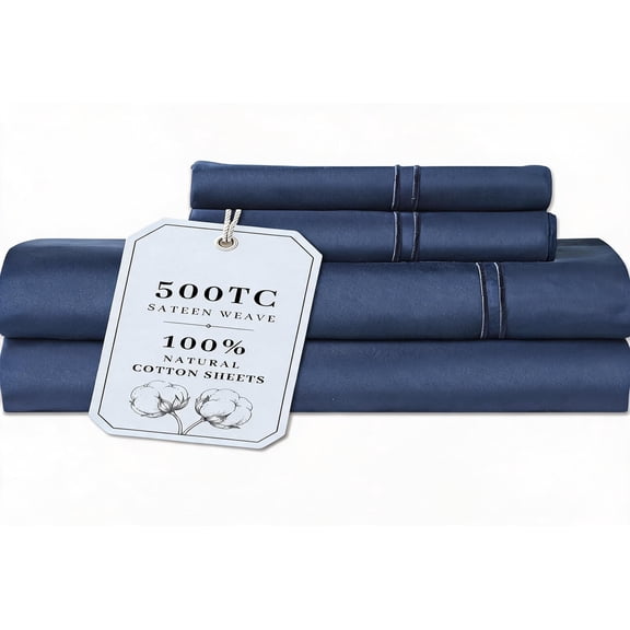Queen Size 500 Thread Count Cotton Sateen Sheet Set Navy Blue 18-Inch Deep Pocket