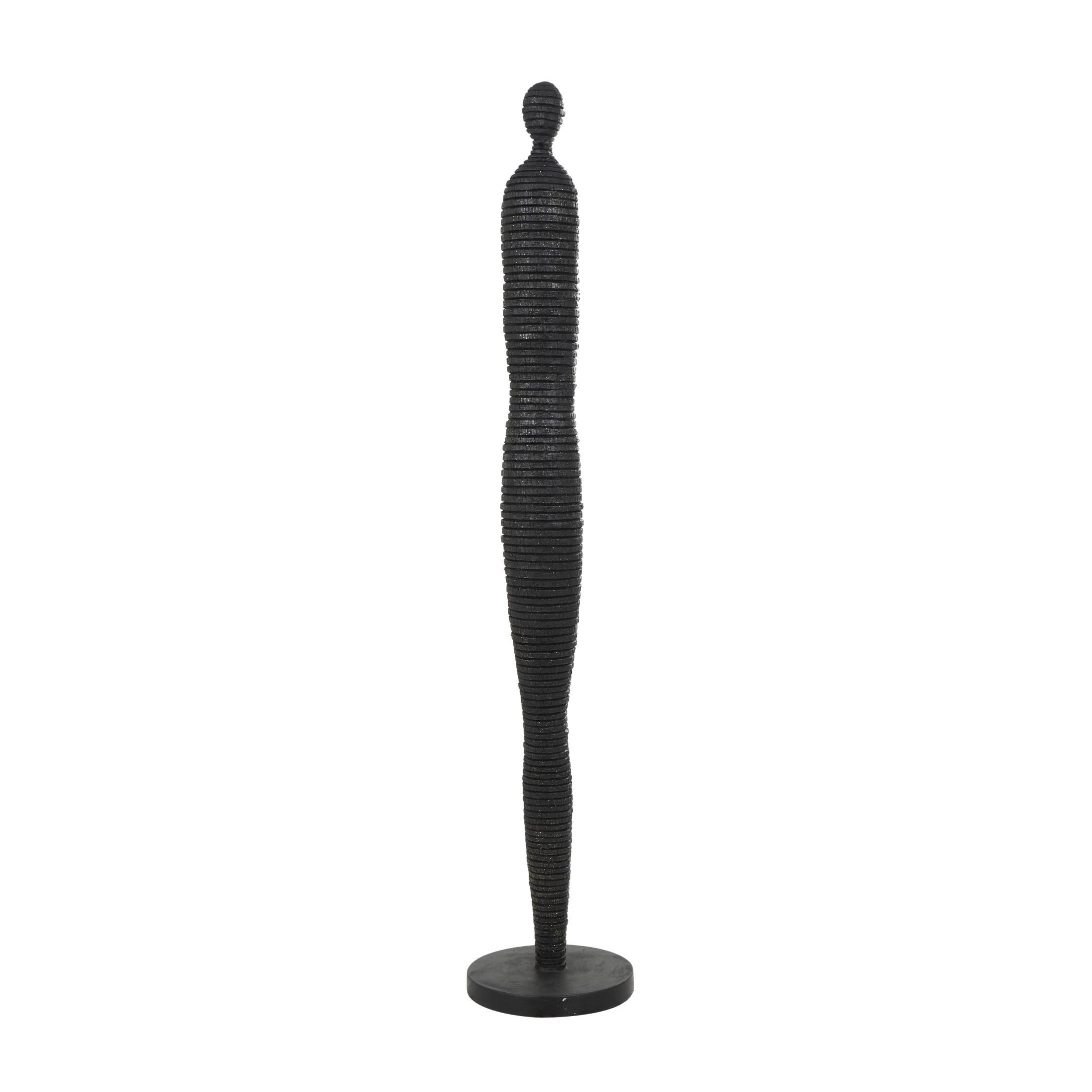 10" x 53" Black Polyresin Tall Slim Figure People Sculpture with Ribbed Body and Glitter Accents, by DecMode